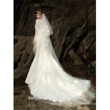 ZM16015 2016 Real Works Robe de mariée en dentelle en dentelle en marbre Robe de sirène pour femmes avec manches longues et voile organza romantique